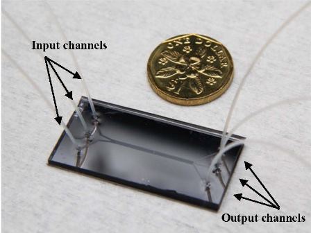 The microfluidic chip shown next to a Singapore dollar coin