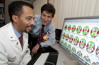 Alex Carter and Maurizio Corbetta examine fcMRI scans of the brain