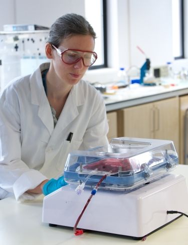 Bioengineer Laurie Shedden demonstrates the HemoSep device